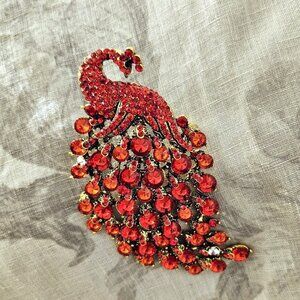 Oversized Red Rhinestone Peacock Brooch/Pin